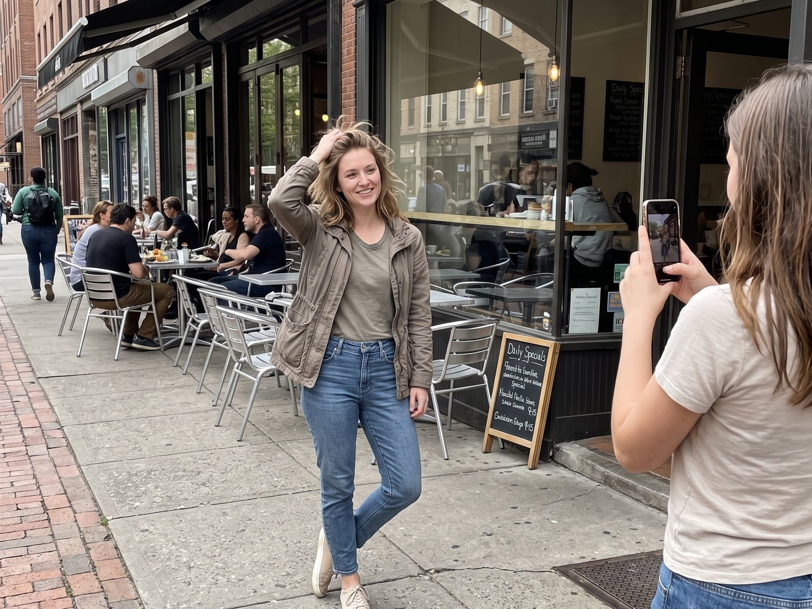 A young woman posing with one hand in her hair outside a cafe while her friend takes her photo with an iPhone
